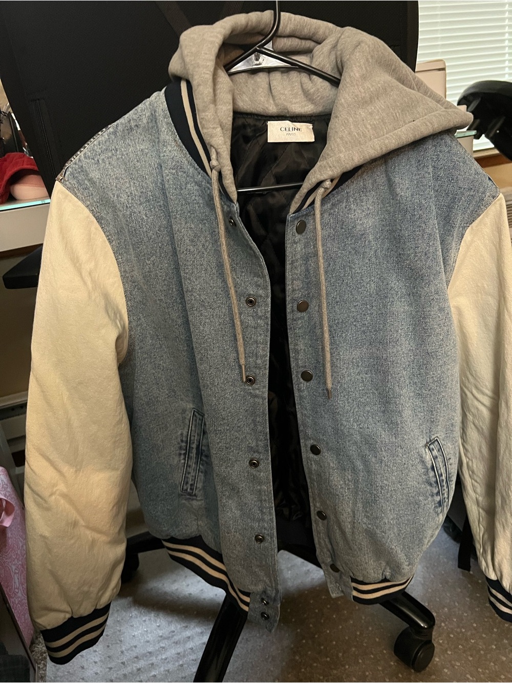 Denim Varsity Jacket Hoodie Padded Shoulders Quilted Lined